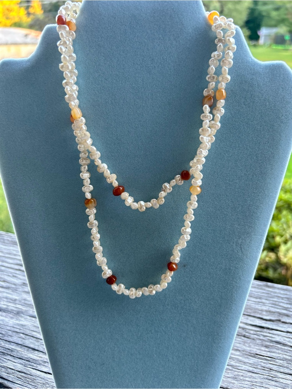 Freshwater Pearl and Carnelian Bead Necklace Cream and Brown single strand 34”